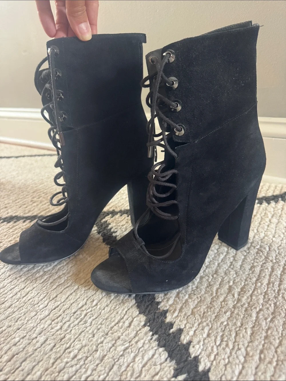 Kendall & Kylie Black Suede Lace-Up Peep-Toe Heeled Booties 9.5